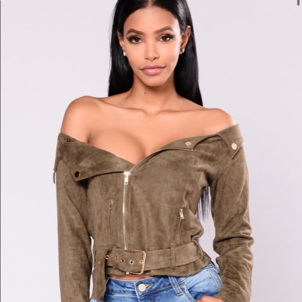 Khaki green off-shoulder jacket top
